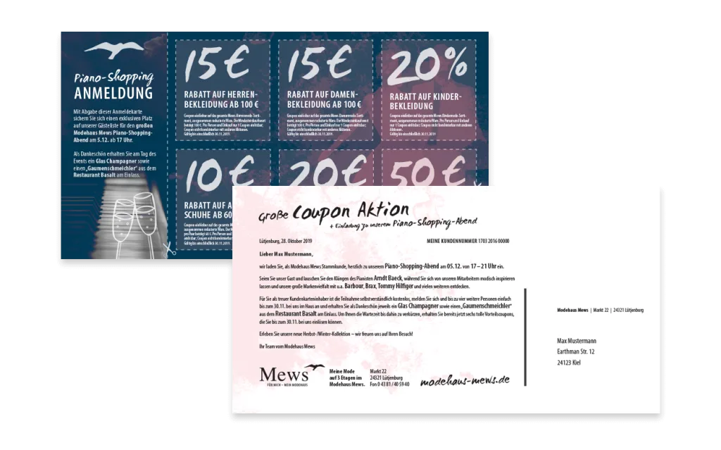 Modehaus Mews Kundenmailing Postkarte Einladung Dialogpost Layout Gestaltung