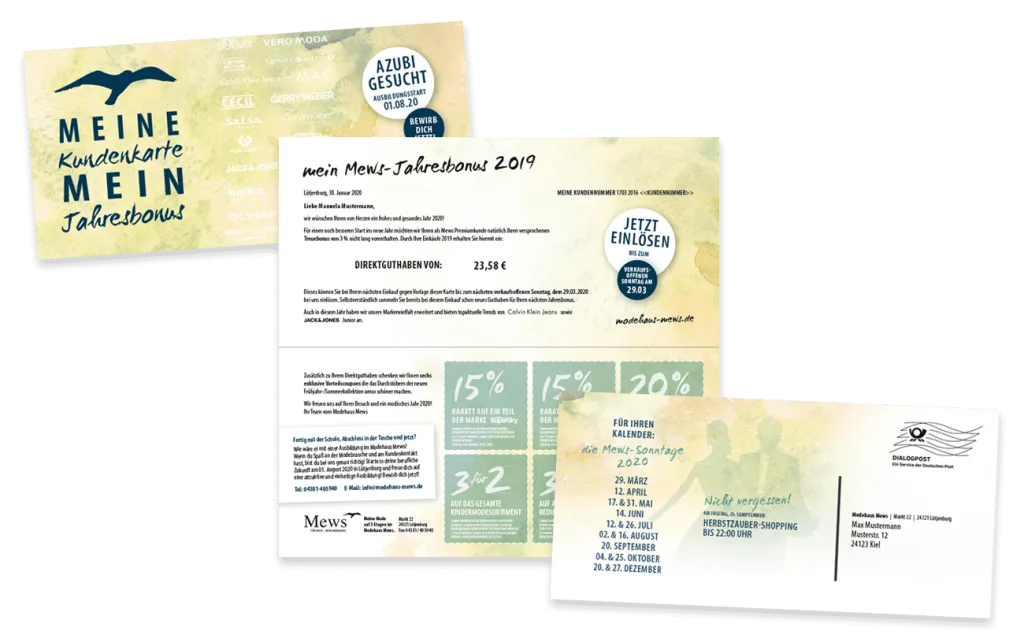 Modehaus Mews Kundenmailing Jahresbonus Coupons Dialogpost DINlang Flyer Gestaltung
