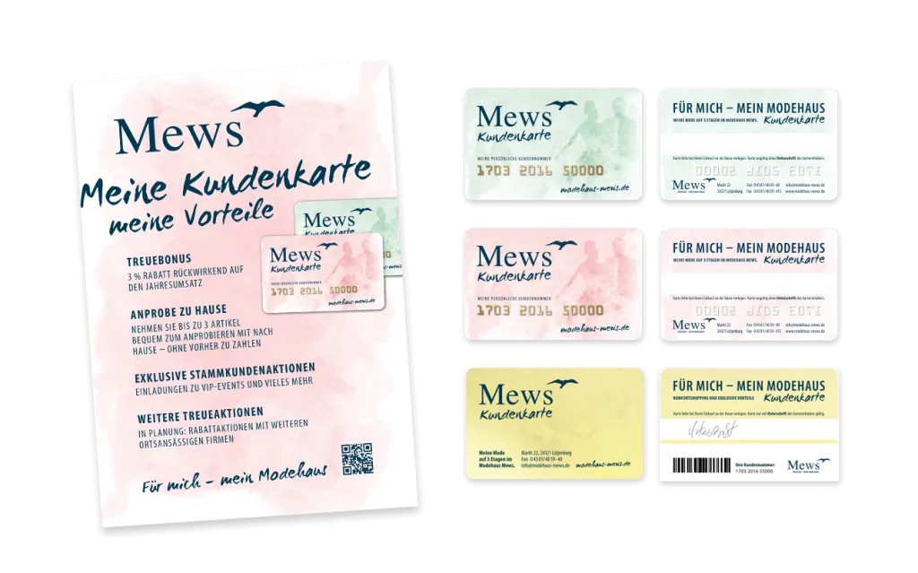 Modehaus Mews Kundenkarte Aufsteller A4 Plastikkarte Gestaltung Layout