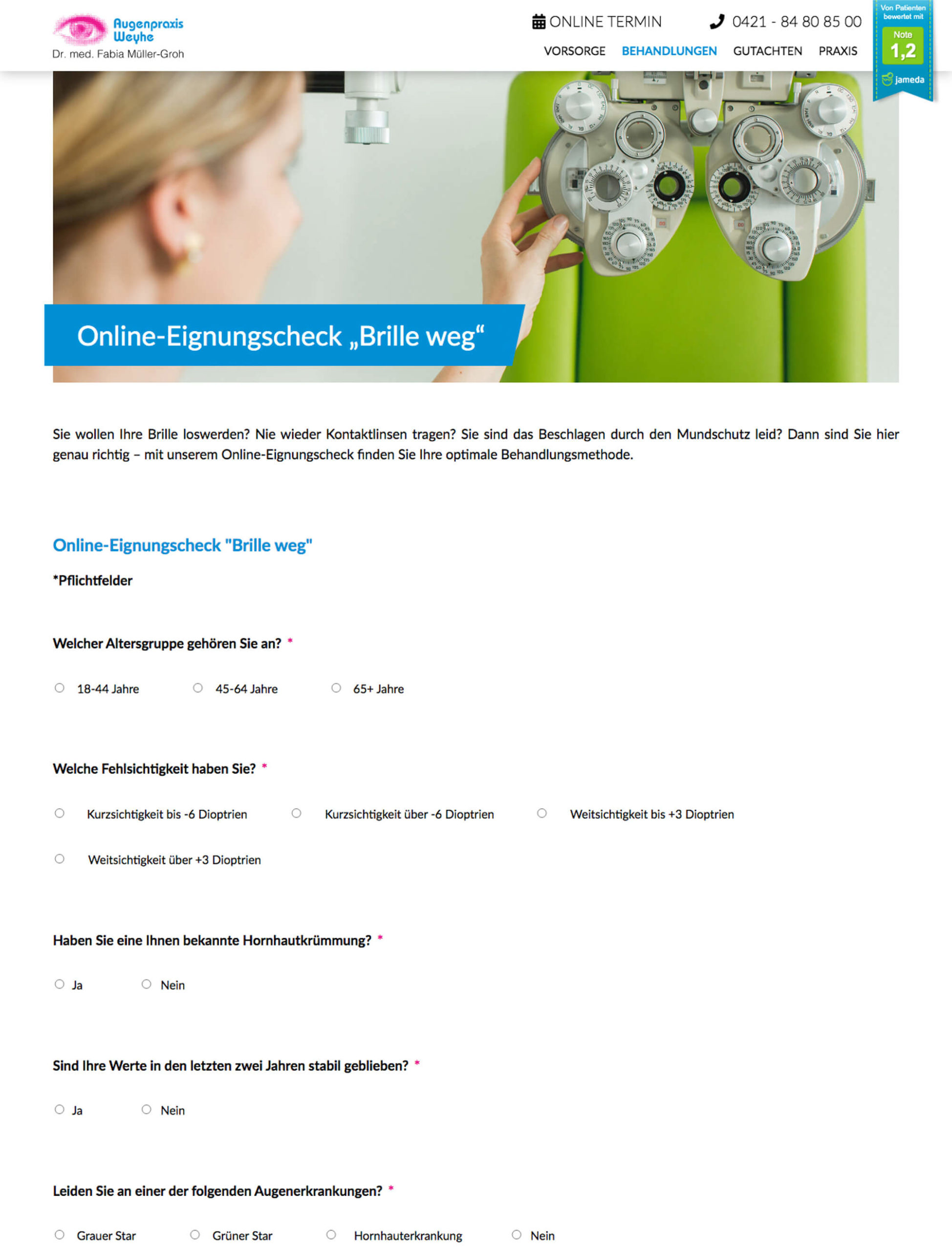 Augenpraxis Weyhe Eignungscheck Webseite Ansicht Formular