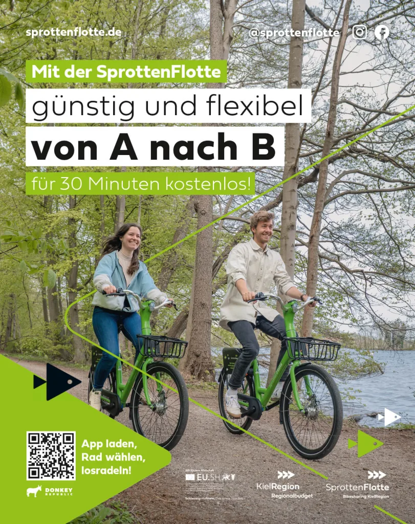 Printanzeige für die Sprottenflotte; zu sehen sind zwei junge Menschen, die auf Fahrrädern an einem See entlang fahren