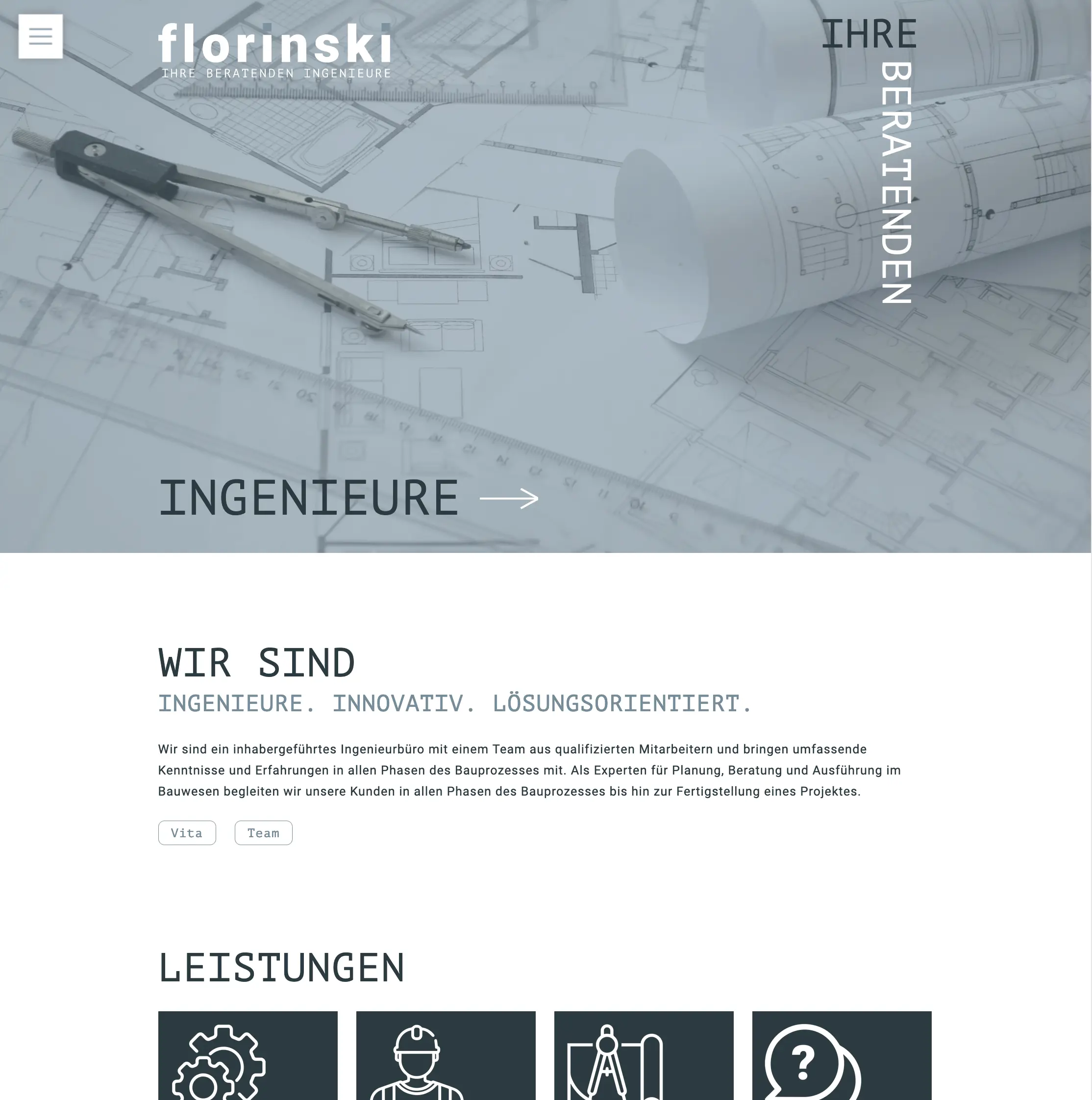 Screenshot der Startseite der Webseite des Ingenieurbüros Florinski