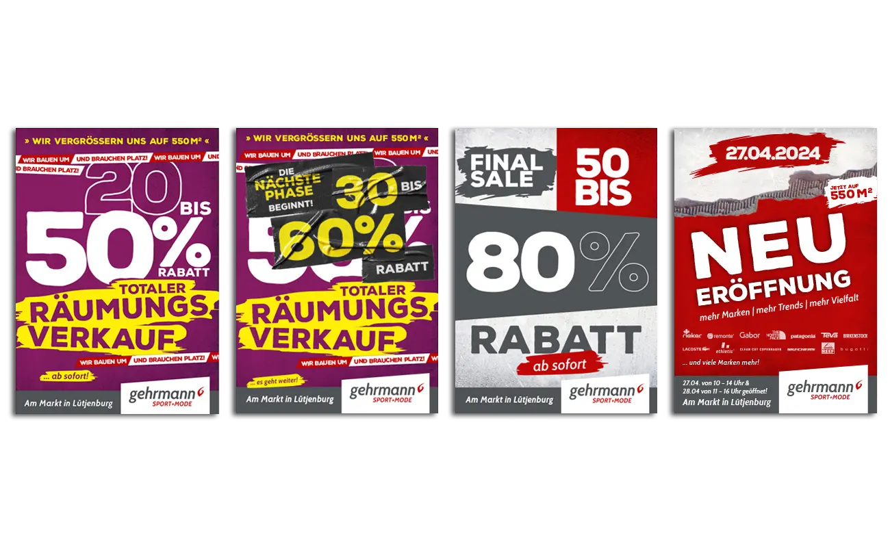 4 verschiedene Werbeplakate für das Modehaus gehrmann Sport+Mode für einen Räumungsverkauf und eine anschließende Neueröffnung.