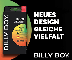 Animiertes Billy Boy Billboard, das eine Verpackung von Kondomen in verschiedenen Farben zeigt. Im Hintergrund ist ein Halbkreis zu sehen, der die Farbpalette der Verpackung widerspiegelt. Der Text wechselt zwischen "Neues Design, Gleiche Vielfalt" und "Noppen, Duft schön Bunt gemixt".