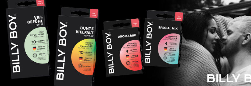 Billy Boy Banner mit Kondomverpackungen. Auf denen sind die Sorten: Viel Gefühl, Bunte Vielfalt, Aroma Mix & Special Mix