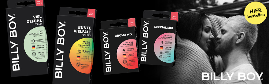 Billy Boy Banner mit Kondomverpackungen. Auf denen sind die Sorten: Viel Gefühl, Bunte Vielfalt, Aroma Mix & Special Mix