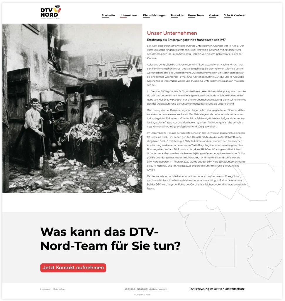 Screenshot der Desktop Ansicht von DTV-Nord.com, Unternehmen-Seite mit zweispaltiger Inhaltsstruktur, links Bild rechts Textblock, Call-To-Action Button im Footer (Jetzt Kontakt aufnehmen)