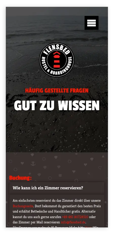 Screenshot der Mobilen Ansicht von Flensbed.de, FAQ-Seite, Coverbild mit Textoverlay, Hamburger-Menü rechts oben