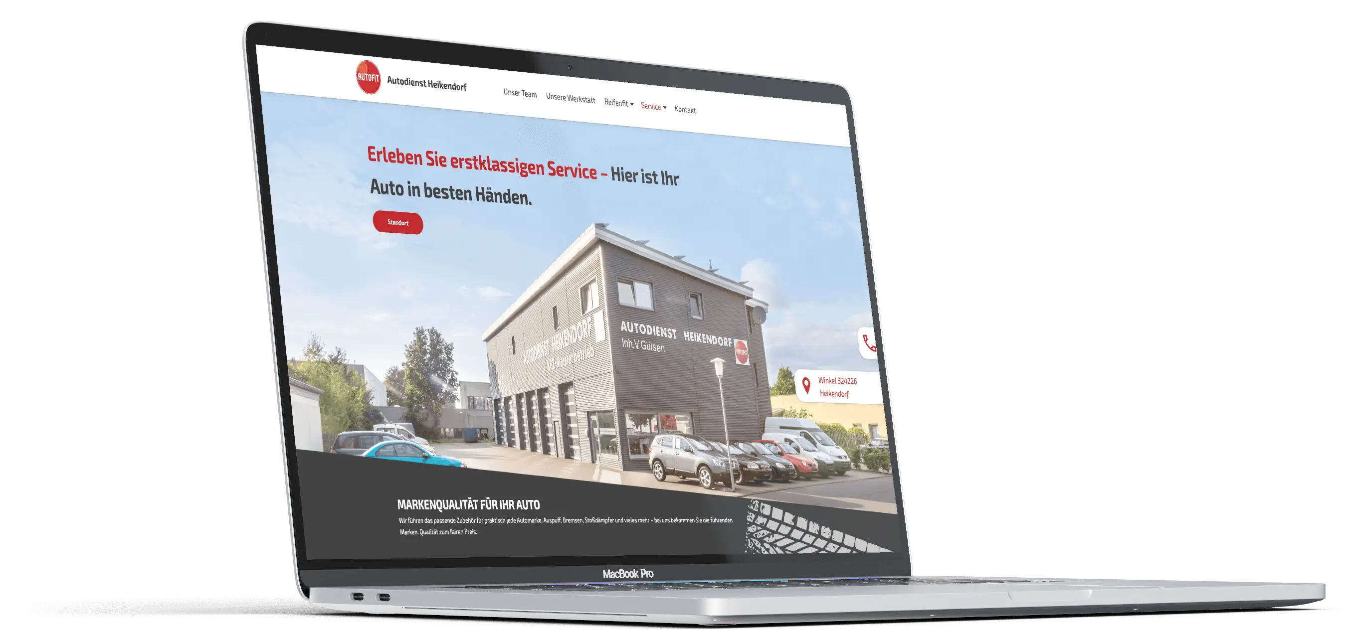 Laptop-Mockup mit der Desktop Ansicht von Autodienst-Heikendorf.de, großes Headerbild mit Textoverlay
