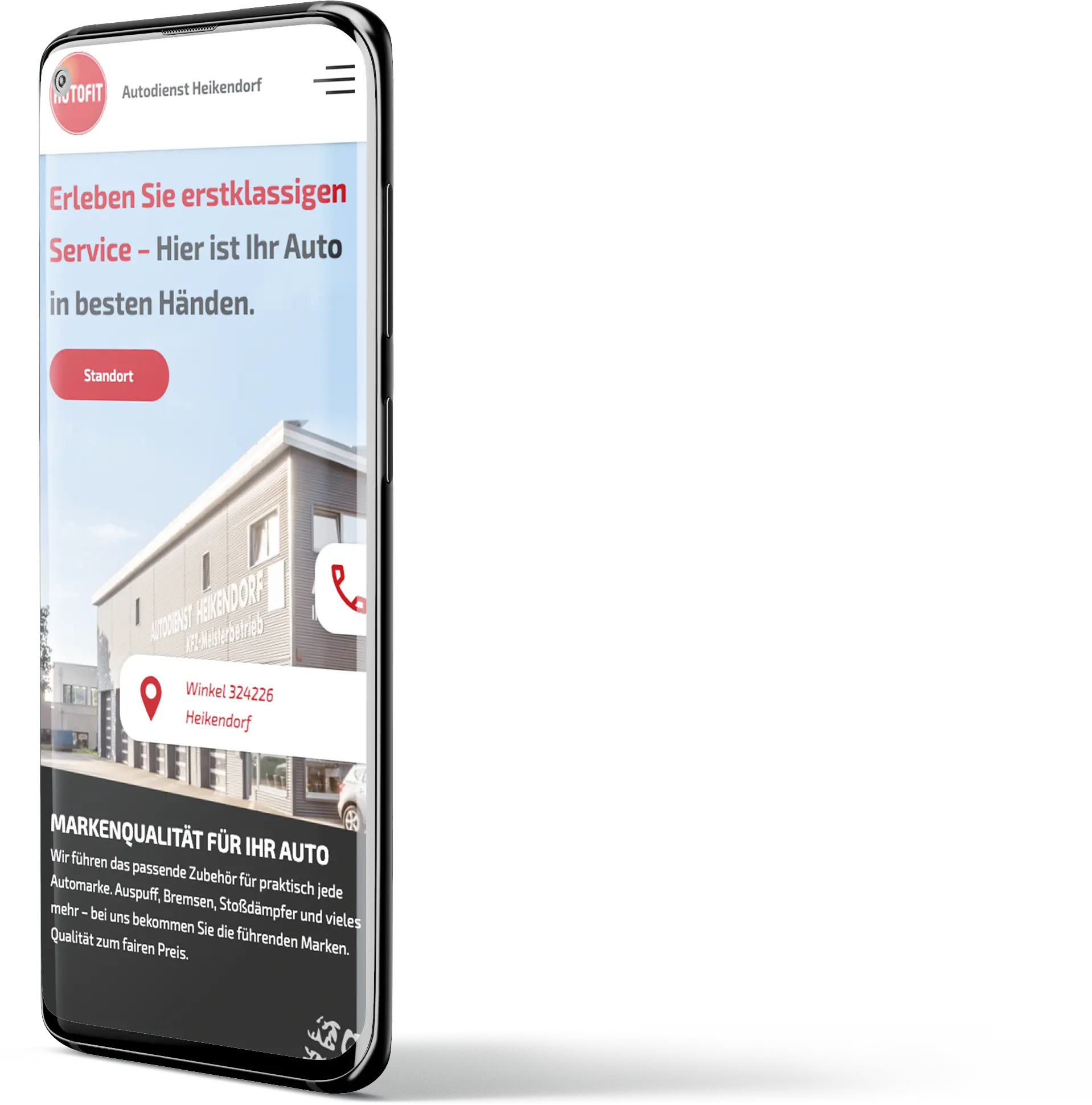 Smartphone-Mockup mit der Mobilen Ansicht von Autodienst-Heikendorf.de, großes Headerbild mit Textoverlay und Kontaktinformations-Pins