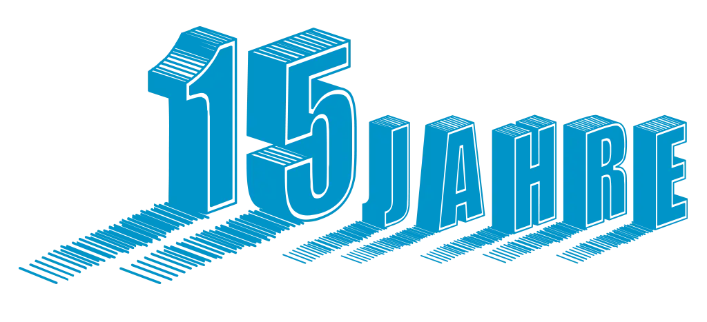 Eine blaue 3D Grafik im Zeichenstil: 15 Jahre