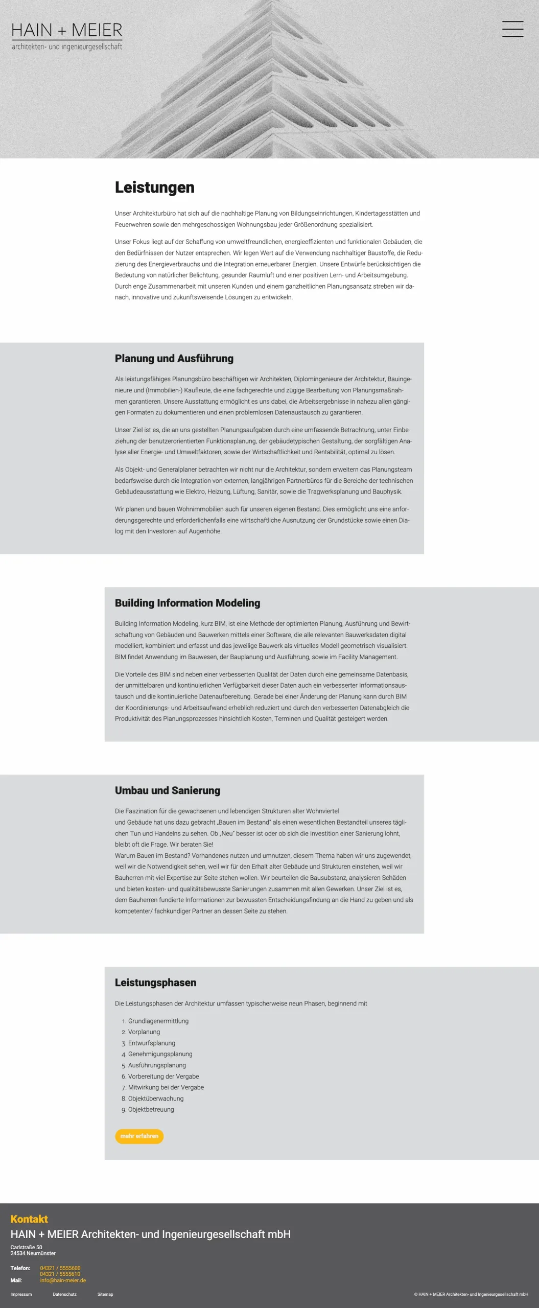 Desktop Vollbild-Screenshot der Webseite Hain+Meier, Browser-Mockup