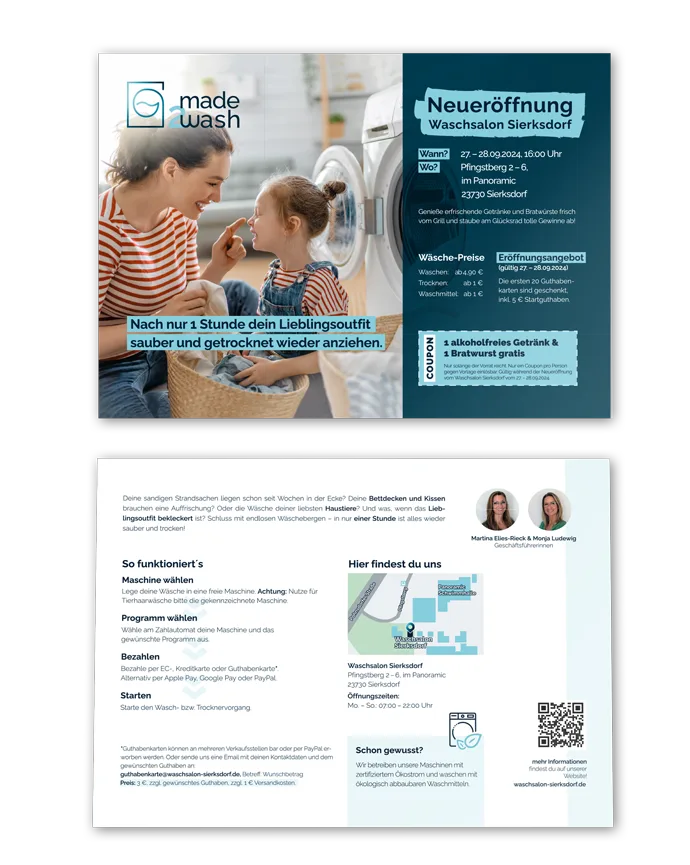 media4motion Referenz made2wash Info-Flyer zur Neueröffnung
